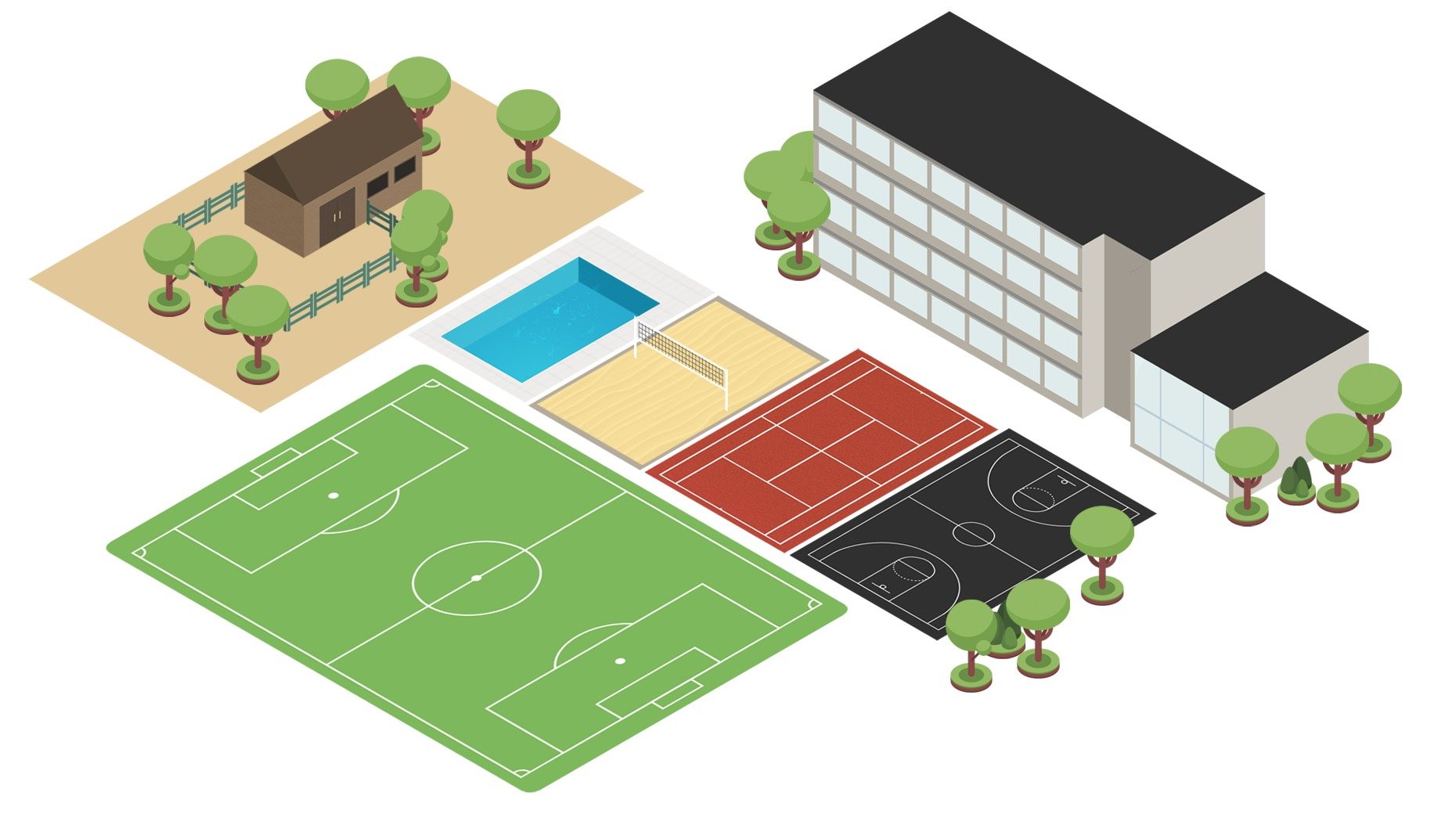 Plan of the ISSU campus with school building, sports fields, pool and courts